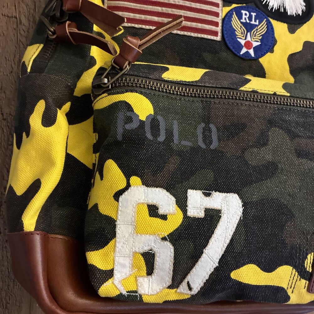 POLO Ralph Lauren '67 Backpack Men Yellow Camo Tiger USA Flag Patch Canvas - Picture 3 of 9